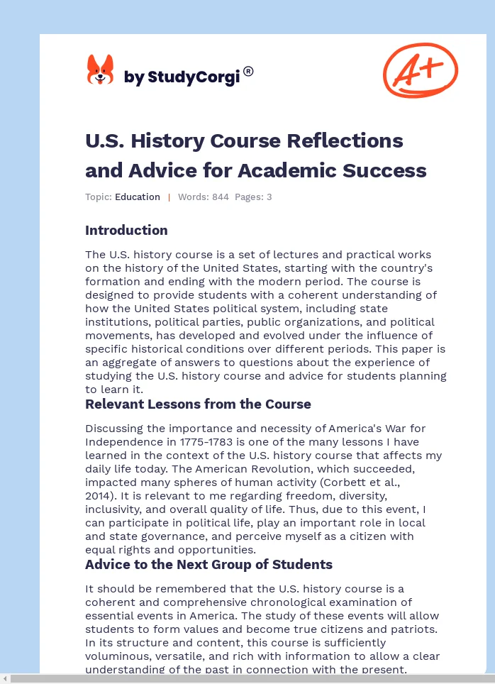 U.S. History Course Reflections and Advice for Academic Success. Page 1