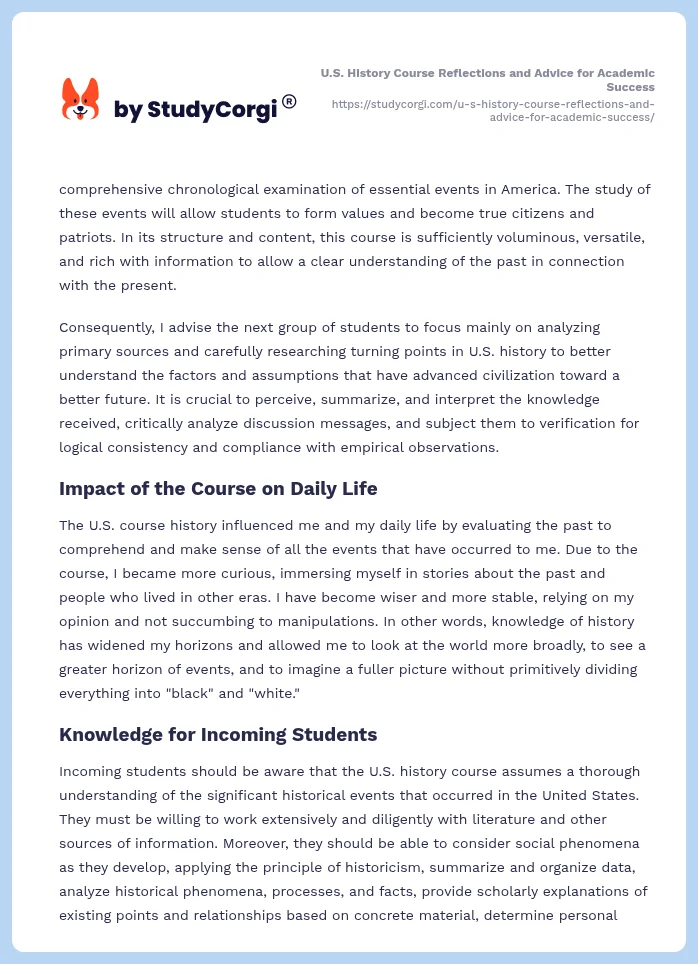 U.S. History Course Reflections and Advice for Academic Success. Page 2