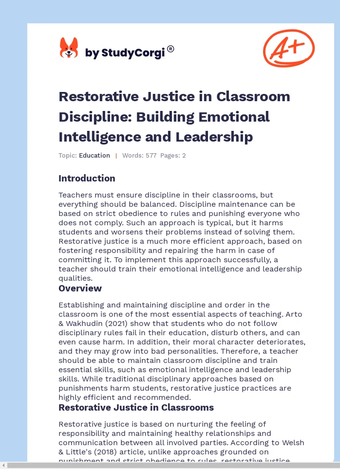 Restorative Justice in Classroom Discipline: Building Emotional Intelligence and Leadership. Page 1
