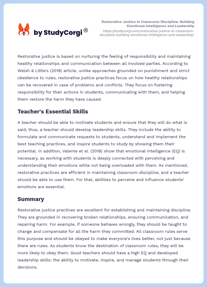 Restorative Justice in Classroom Discipline: Building Emotional Intelligence and Leadership. Page 2