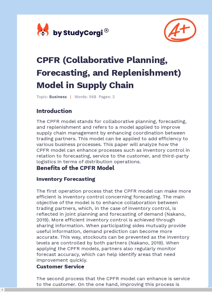 CPFR (Collaborative Planning, Forecasting, and Replenishment) Model in Supply Chain. Page 1