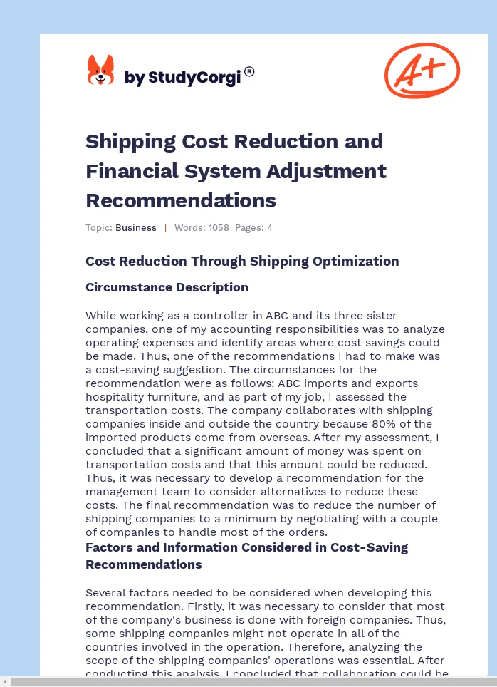 Shipping Cost Reduction and Financial System Adjustment Recommendations. Page 1