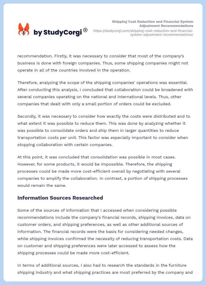Shipping Cost Reduction and Financial System Adjustment Recommendations. Page 2