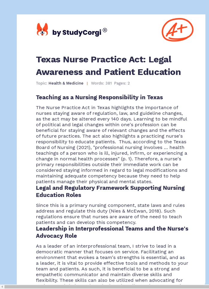 Texas Nurse Practice Act: Legal Awareness and Patient Education. Page 1