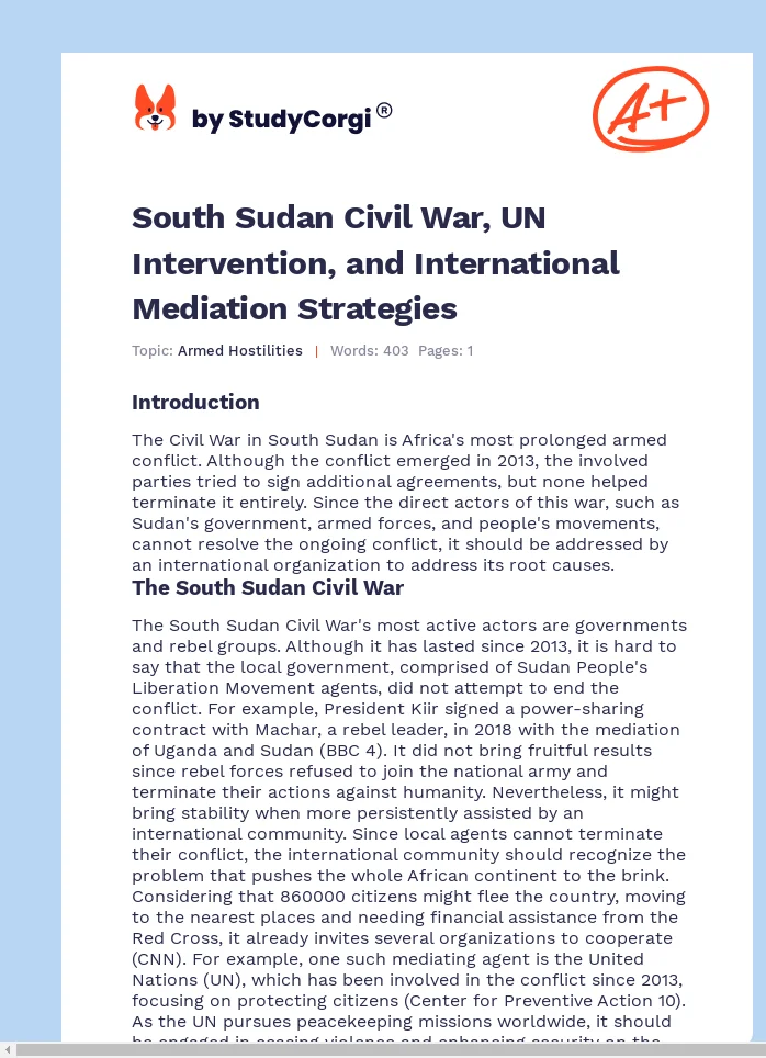 South Sudan Civil War, UN Intervention, and International Mediation Strategies. Page 1