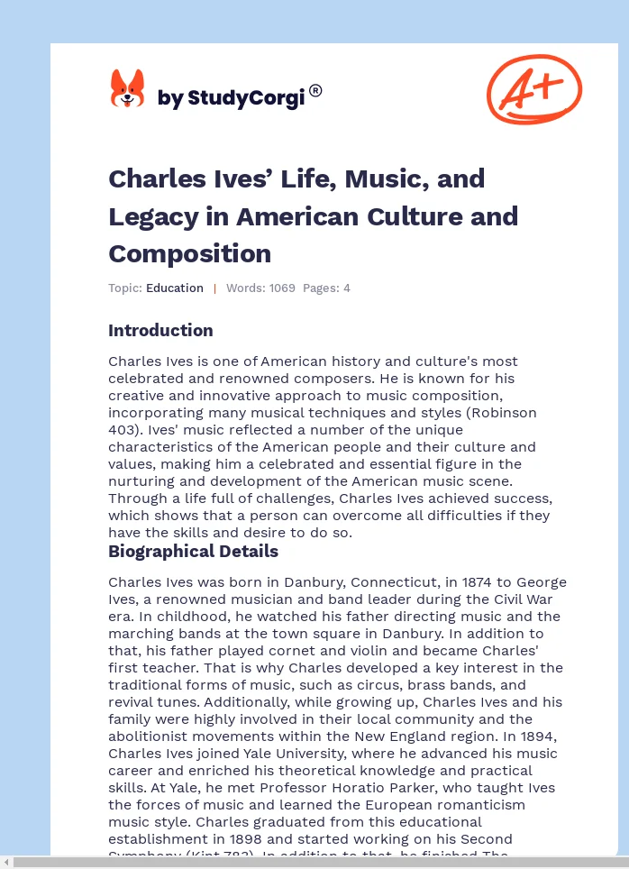 Charles Ives’ Life, Music, and Legacy in American Culture and Composition. Page 1