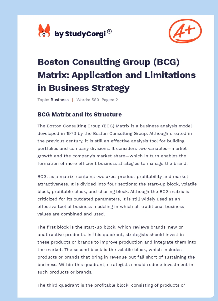 Boston Consulting Group (BCG) Matrix: Application and Limitations in Business Strategy. Page 1