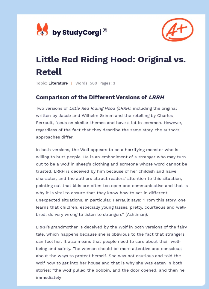 Little Red Riding Hood: Original vs. Retell. Page 1