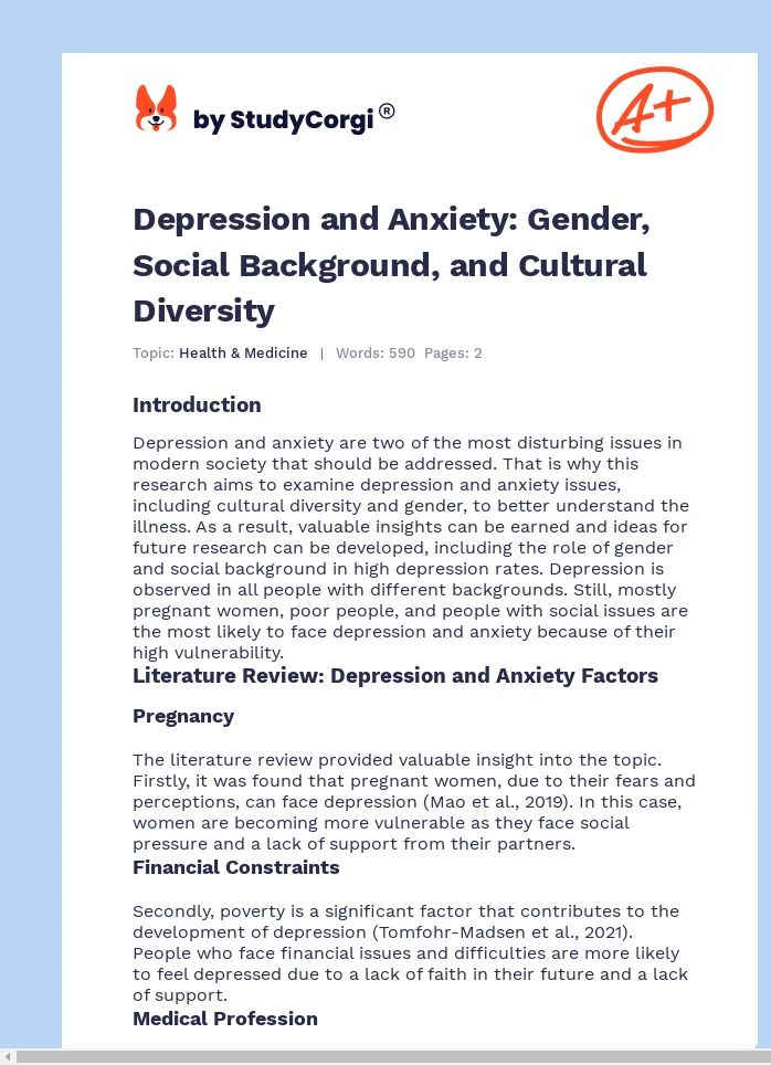 Depression and Anxiety: Gender, Social Background, and Cultural Diversity. Page 1