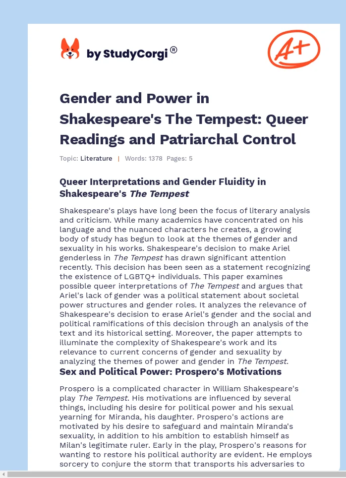 Gender and Power in Shakespeare's The Tempest: Queer Readings and Patriarchal Control. Page 1