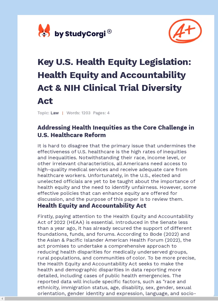 Key U.S. Health Equity Legislation: Health Equity and Accountability Act & NIH Clinical Trial Diversity Act. Page 1