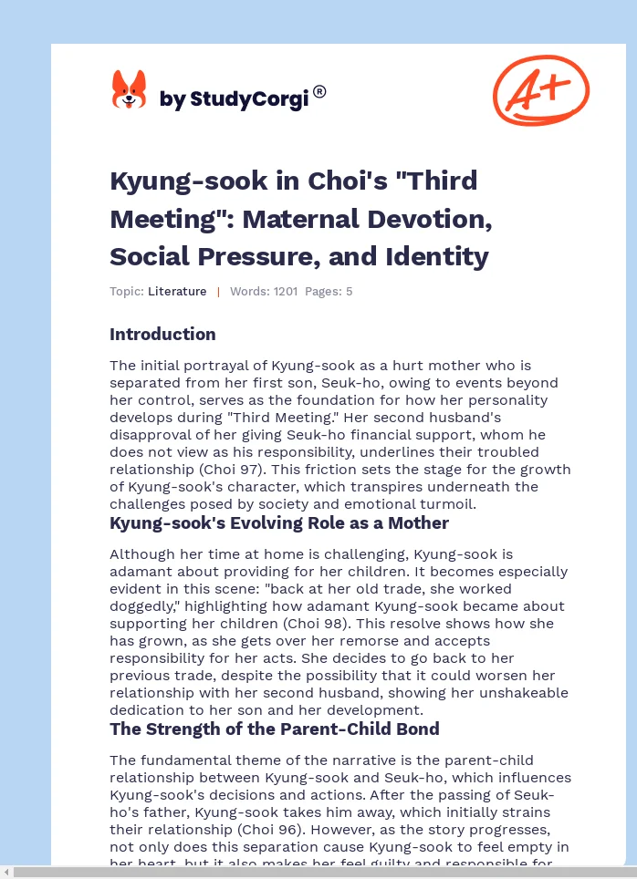 Kyung-sook in Choi's "Third Meeting": Maternal Devotion, Social Pressure, and Identity. Page 1