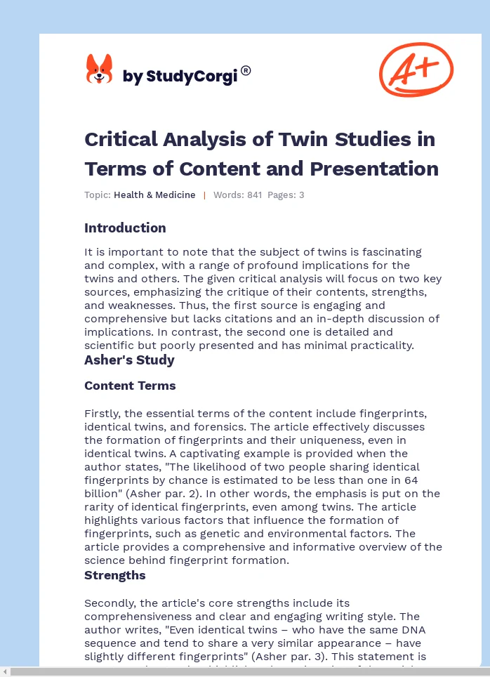 Critical Analysis of Twin Studies in Terms of Content and Presentation. Page 1
