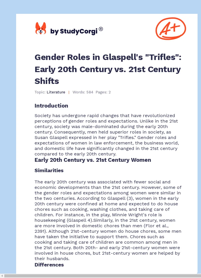 Gender Roles in Glaspell's "Trifles": Early 20th Century vs. 21st Century Shifts. Page 1