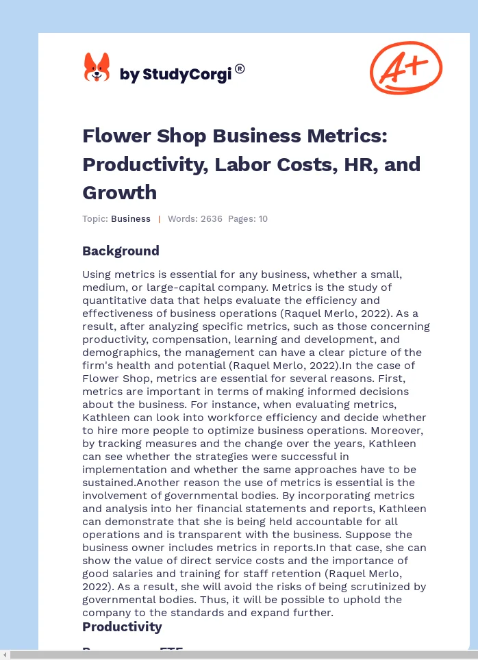 Flower Shop Business Metrics: Productivity, Labor Costs, HR, and Growth. Page 1