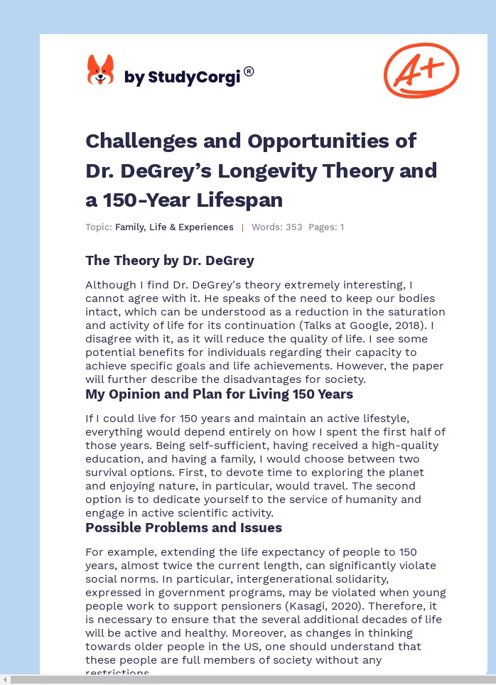 Challenges and Opportunities of Dr. DeGrey’s Longevity Theory and a 150-Year Lifespan. Page 1
