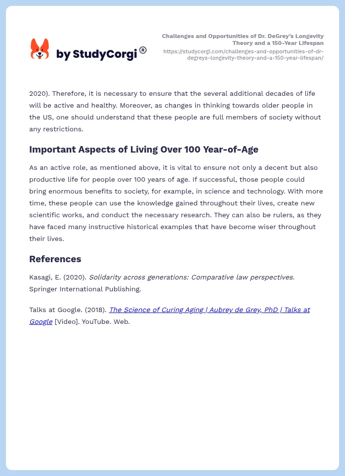 Challenges and Opportunities of Dr. DeGrey’s Longevity Theory and a 150-Year Lifespan. Page 2