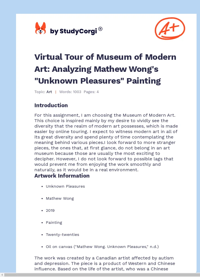 Virtual Tour of Museum of Modern Art: Analyzing Mathew Wong's "Unknown Pleasures" Painting. Page 1