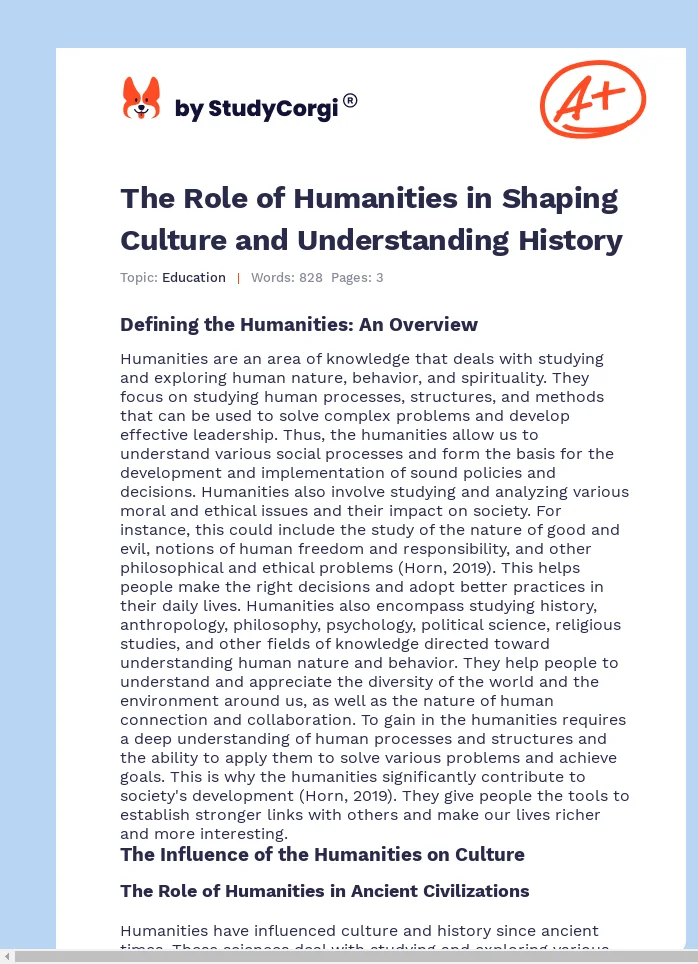 The Role of Humanities in Shaping Culture and Understanding History. Page 1