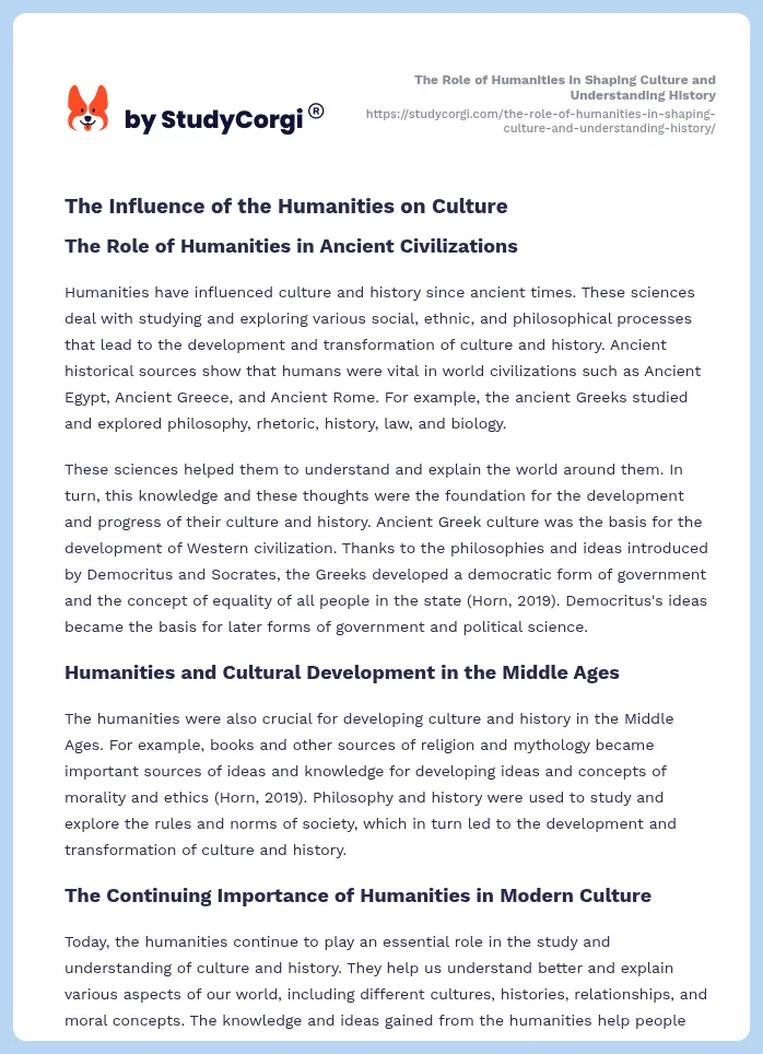 The Role of Humanities in Shaping Culture and Understanding History. Page 2