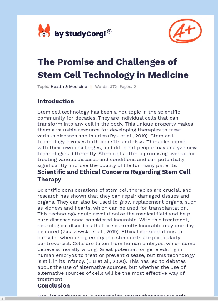 The Promise and Challenges of Stem Cell Technology in Medicine. Page 1