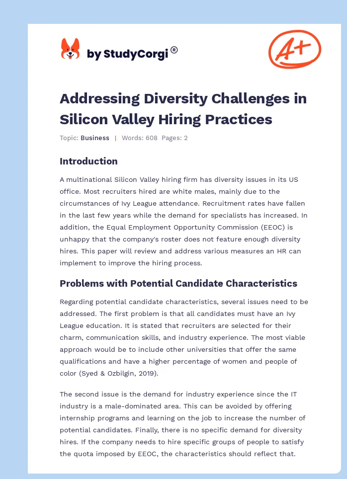 Addressing Diversity Challenges in Silicon Valley Hiring Practices. Page 1