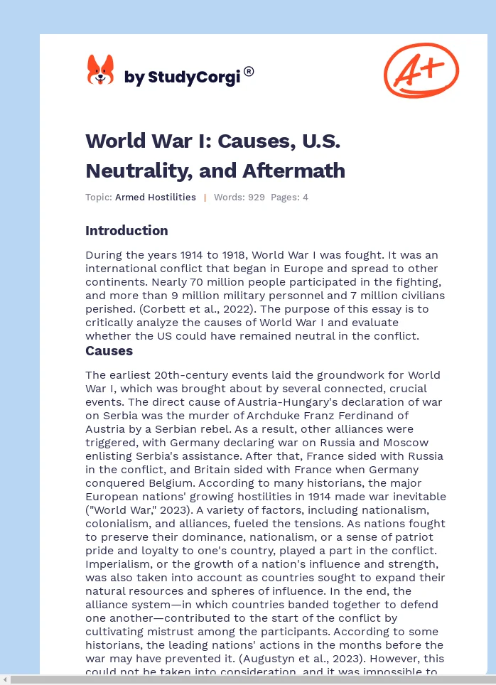 World War I: Causes, U.S. Neutrality, and Aftermath. Page 1