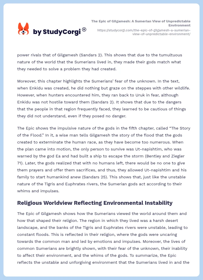 The Epic of Gilgamesh: A Sumerian View of Unpredictable Environment. Page 2