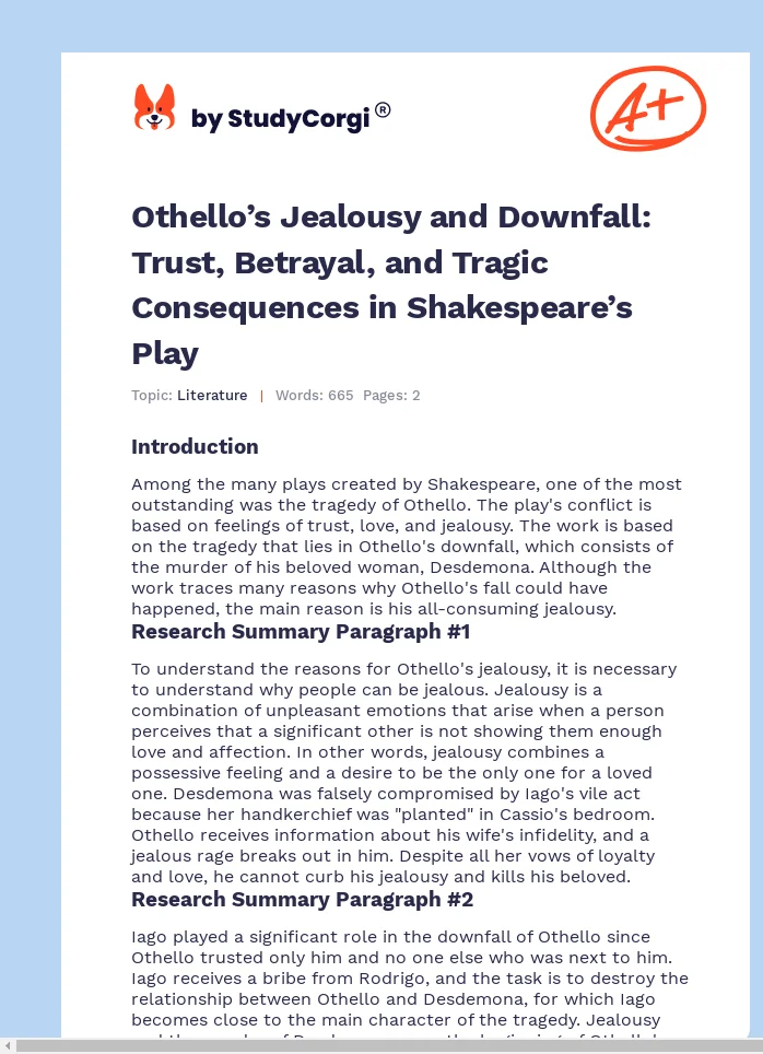 Othello’s Jealousy and Downfall: Trust, Betrayal, and Tragic Consequences in Shakespeare’s Play. Page 1