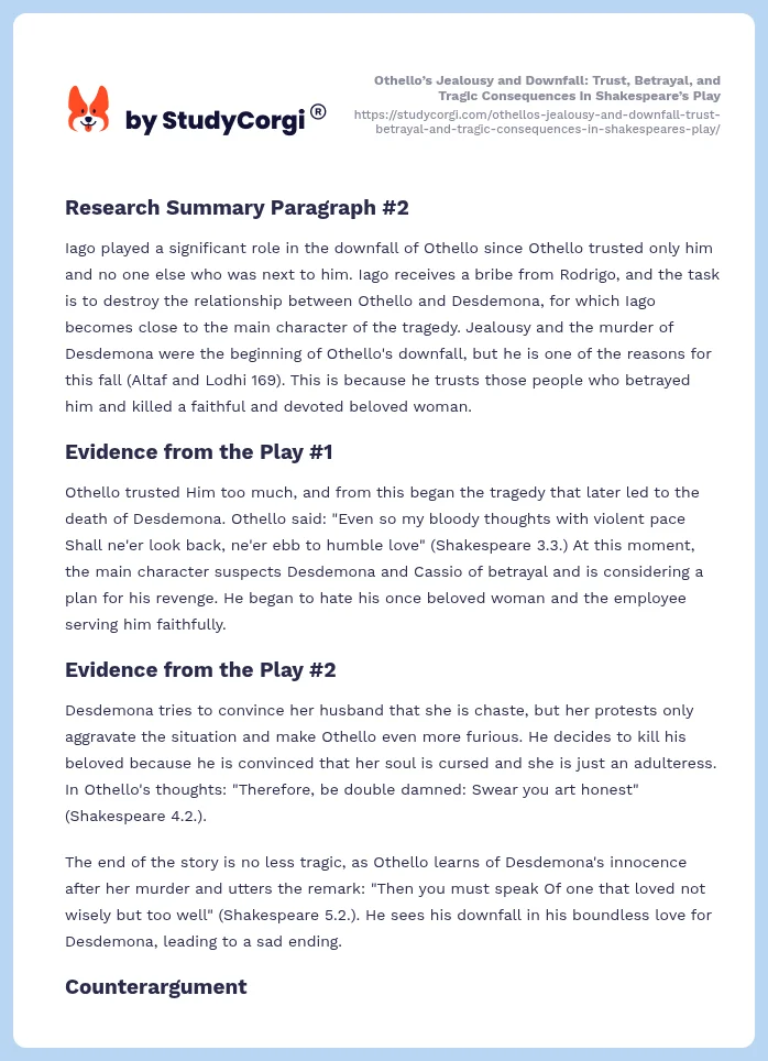 Othello’s Jealousy and Downfall: Trust, Betrayal, and Tragic Consequences in Shakespeare’s Play. Page 2
