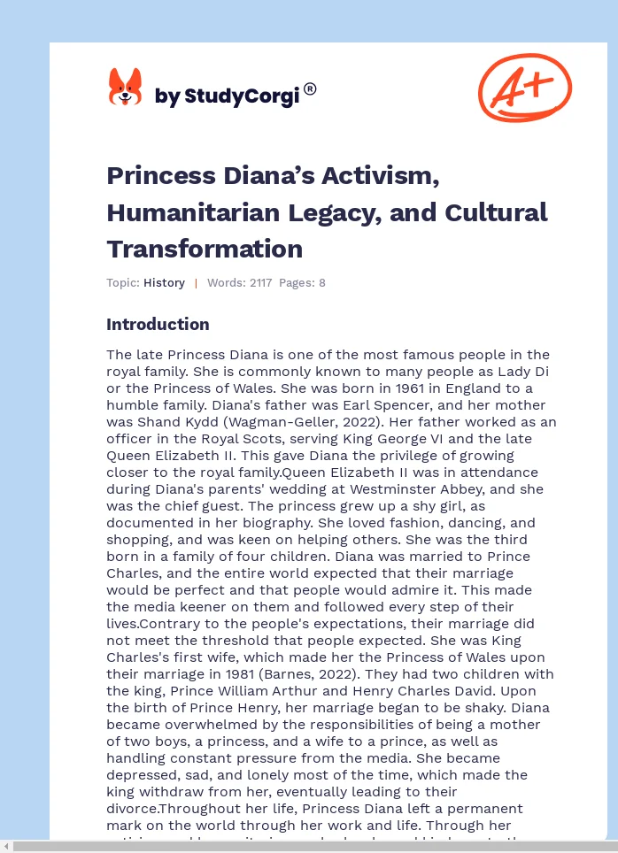 Princess Diana’s Activism, Humanitarian Legacy, and Cultural Transformation. Page 1