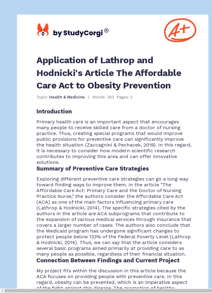 Application of Lathrop and Hodnicki's Article The Affordable Care Act to Obesity Prevention. Page 1