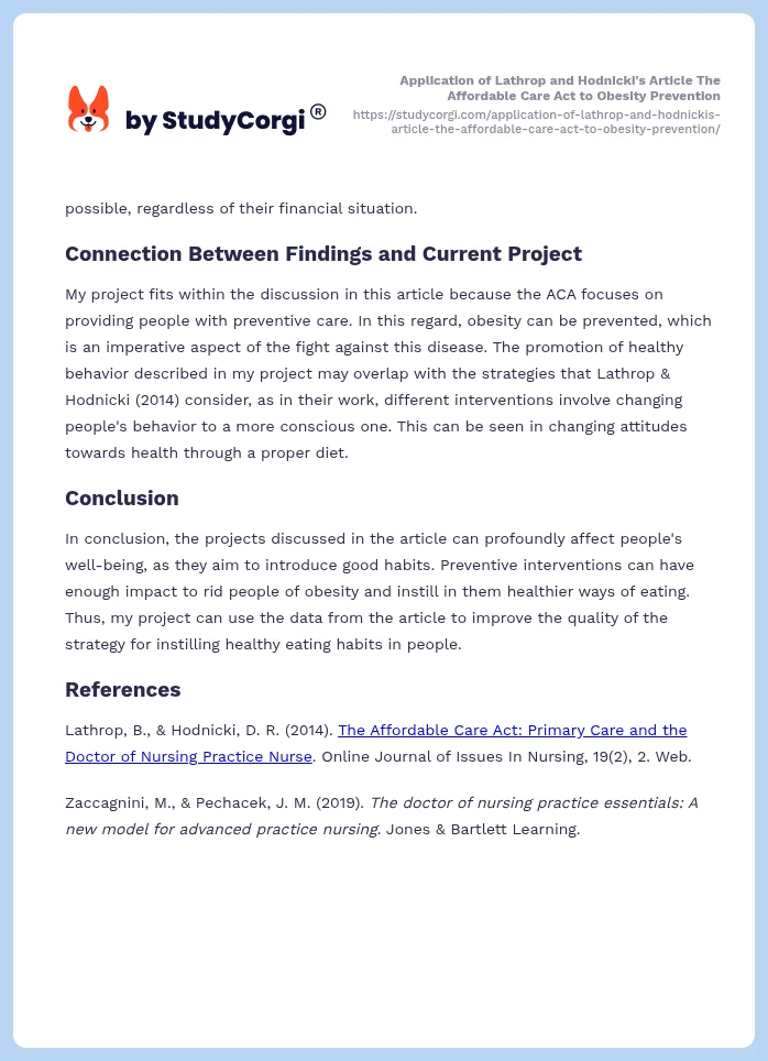 Application of Lathrop and Hodnicki's Article The Affordable Care Act to Obesity Prevention. Page 2