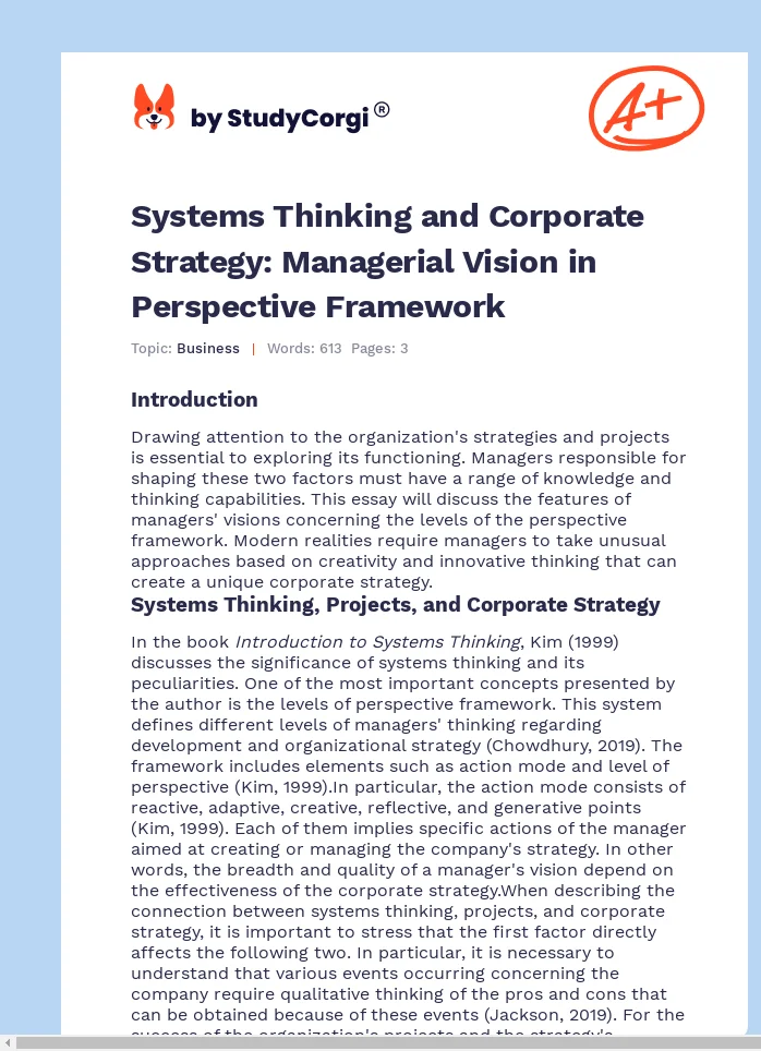 Systems Thinking and Corporate Strategy: Managerial Vision in Perspective Framework. Page 1