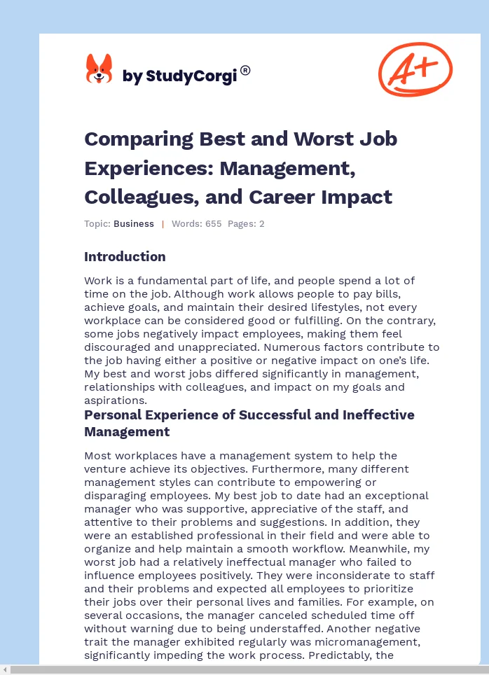 Comparing Best and Worst Job Experiences: Management, Colleagues, and Career Impact. Page 1