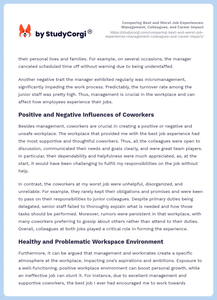Comparing Best and Worst Job Experiences: Management, Colleagues, and Career Impact. Page 2