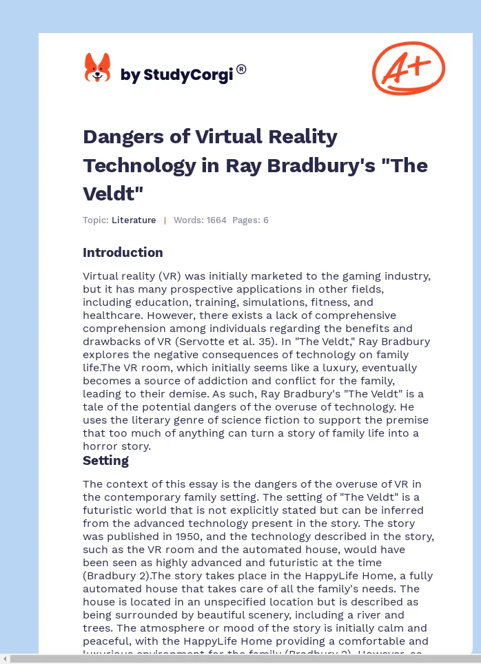 Dangers of Virtual Reality Technology in Ray Bradbury's "The Veldt". Page 1