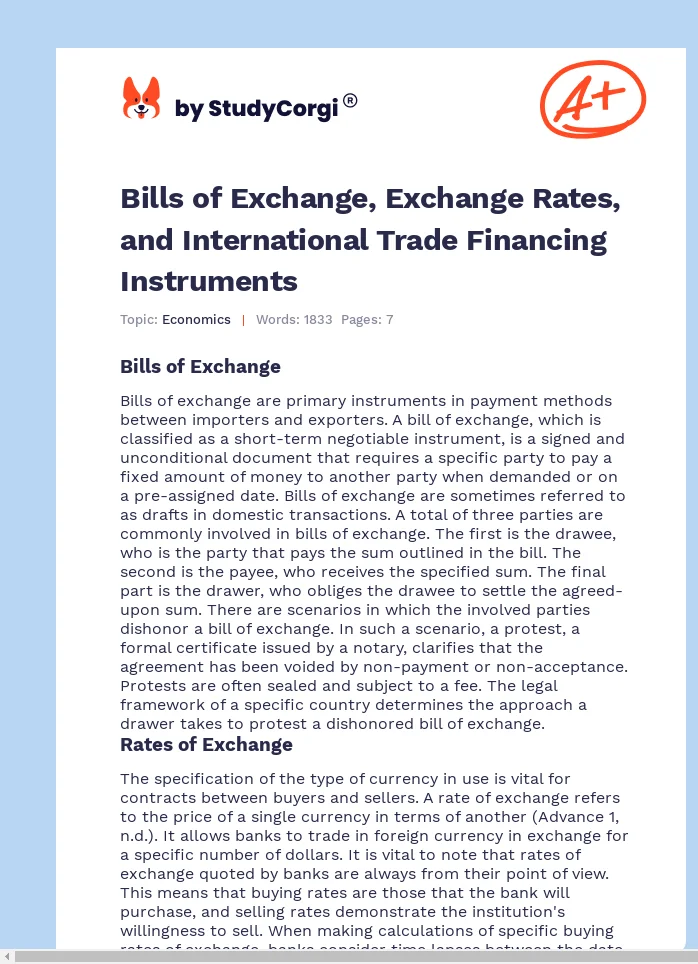 Bills of Exchange, Exchange Rates, and International Trade Financing Instruments. Page 1