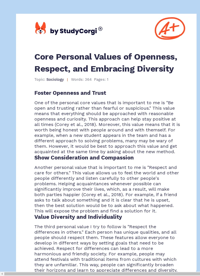 Core Personal Values of Openness, Respect, and Embracing Diversity. Page 1