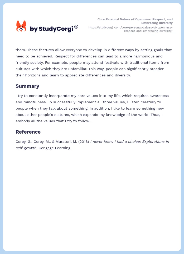 Core Personal Values of Openness, Respect, and Embracing Diversity. Page 2