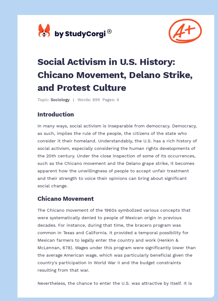 Social Activism in U.S. History: Chicano Movement, Delano Strike, and Protest Culture. Page 1