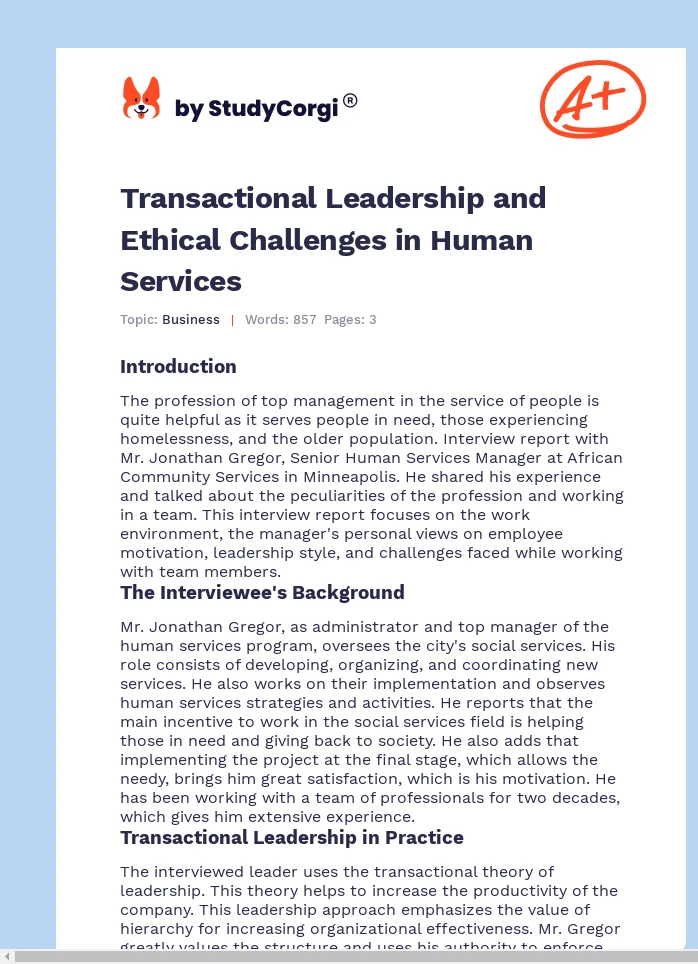 Transactional Leadership and Ethical Challenges in Human Services. Page 1