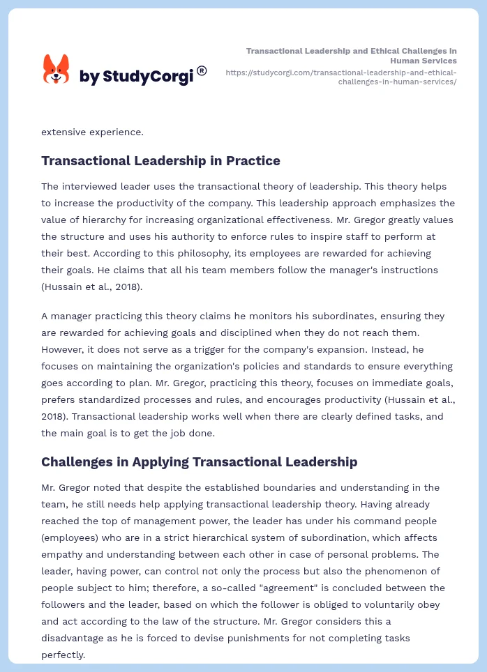 Transactional Leadership and Ethical Challenges in Human Services. Page 2
