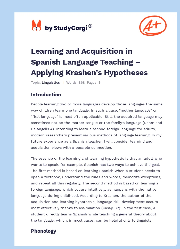 Learning and Acquisition in Spanish Language Teaching – Applying Krashen’s Hypotheses. Page 1
