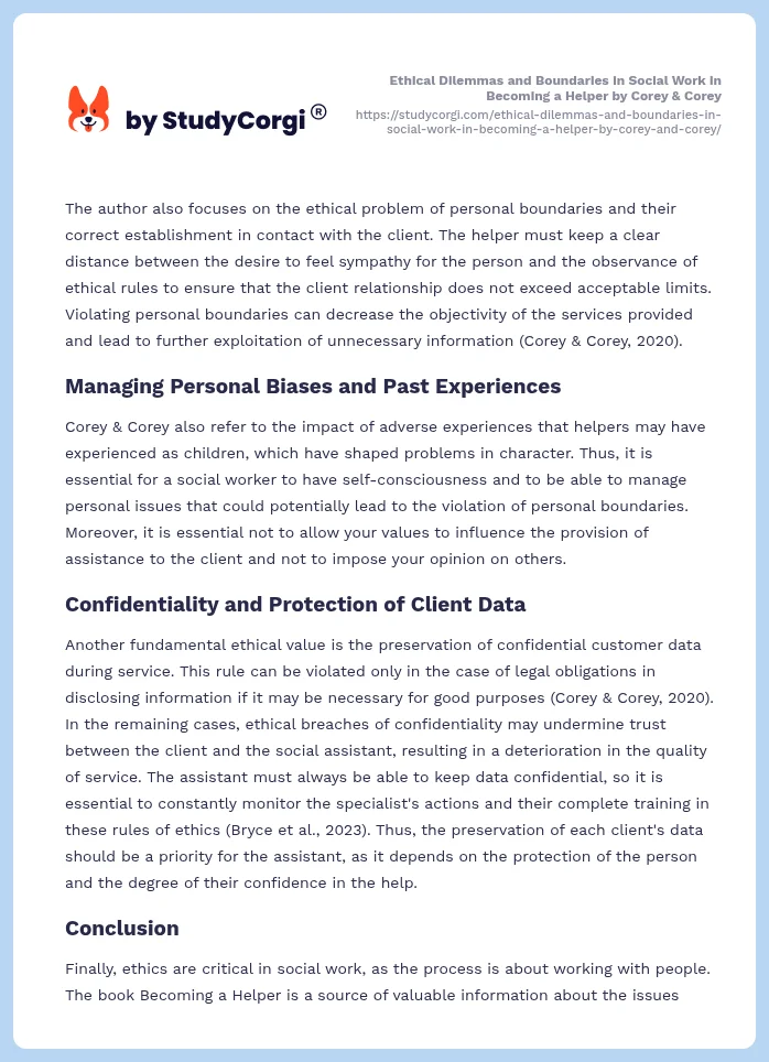 Ethical Dilemmas and Boundaries in Social Work in Becoming a Helper by Corey & Corey. Page 2