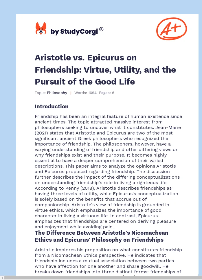 Aristotle vs. Epicurus on Friendship: Virtue, Utility, and the Pursuit of the Good Life. Page 1