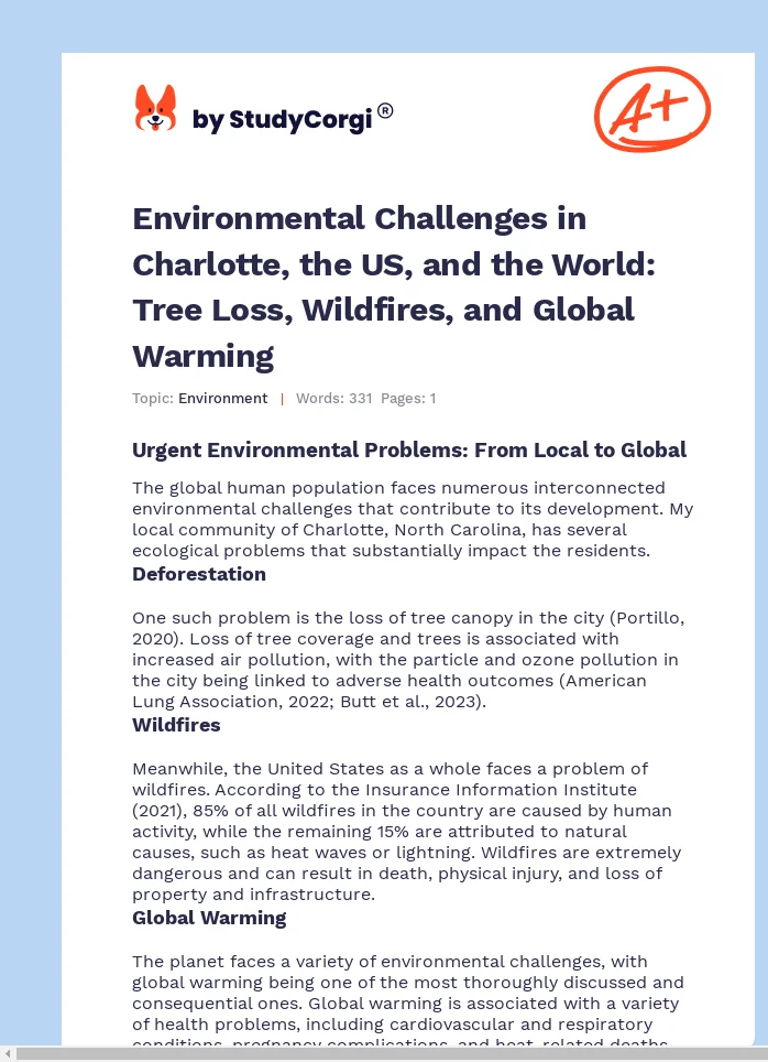 Environmental Challenges in Charlotte, the US, and the World: Tree Loss, Wildfires, and Global Warming. Page 1