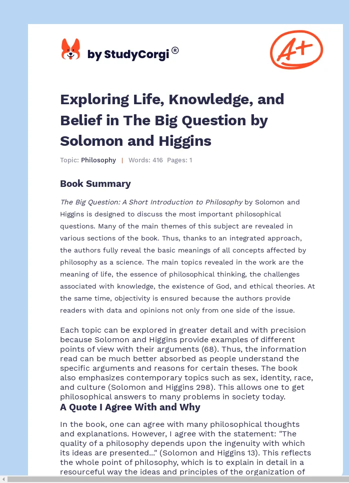 Exploring Life, Knowledge, and Belief in The Big Question by Solomon and Higgins. Page 1