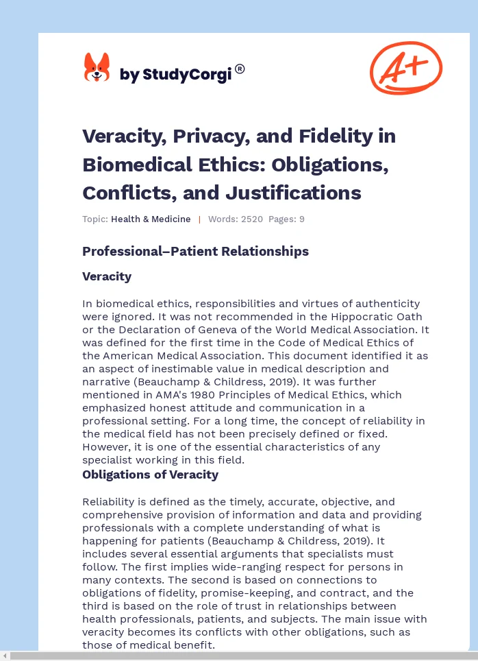 Veracity, Privacy, and Fidelity in Biomedical Ethics: Obligations, Conflicts, and Justifications. Page 1