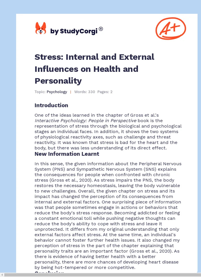 Stress: Internal and External Influences on Health and Personality. Page 1